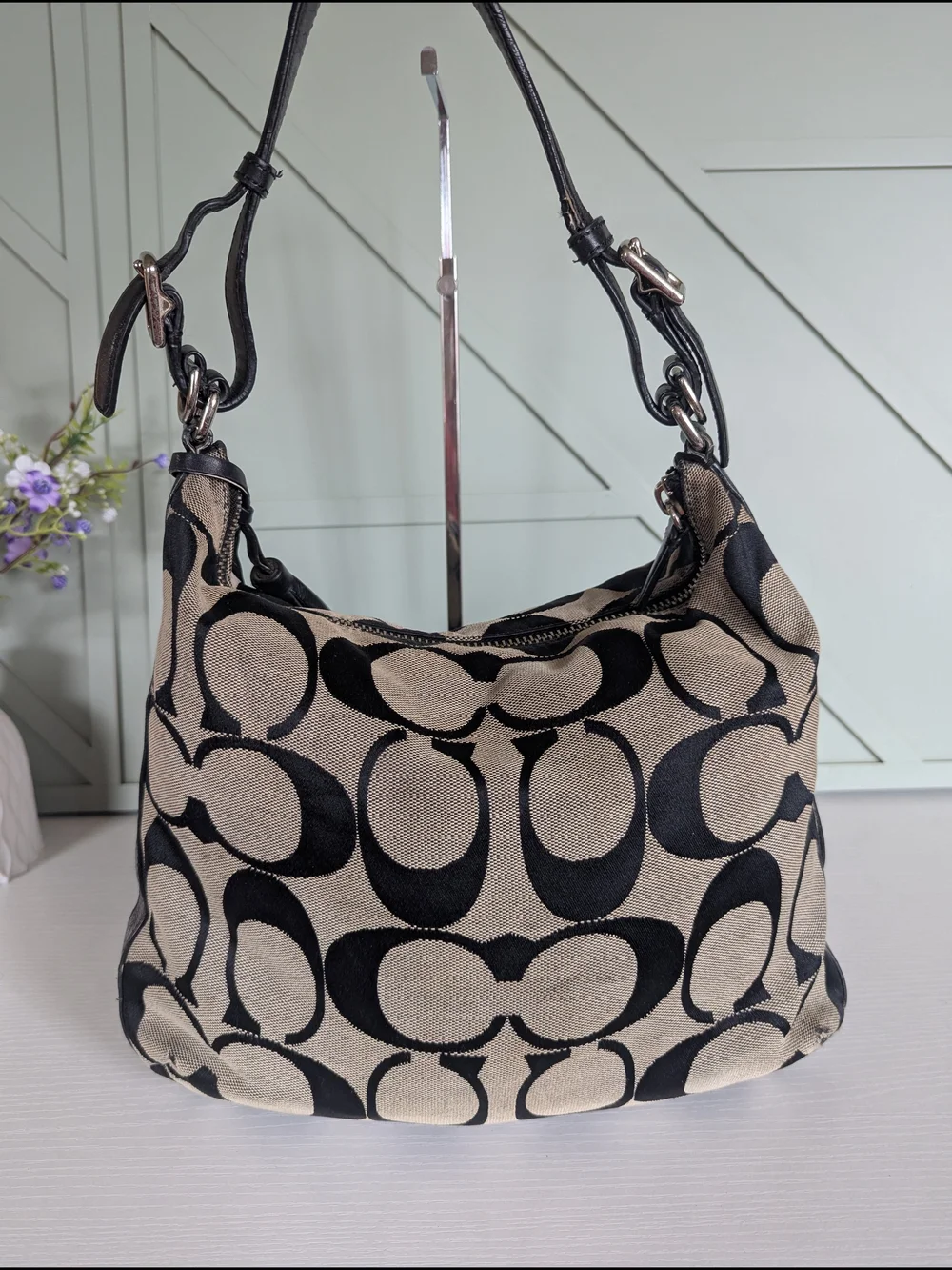 Coach Khaki and Black Signature Canvas Hobo with Tassel
